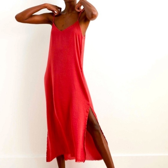 aerie Dresses & Skirts - Aerie • Satin Raw Hem Hot Pink Slip Dress Size M